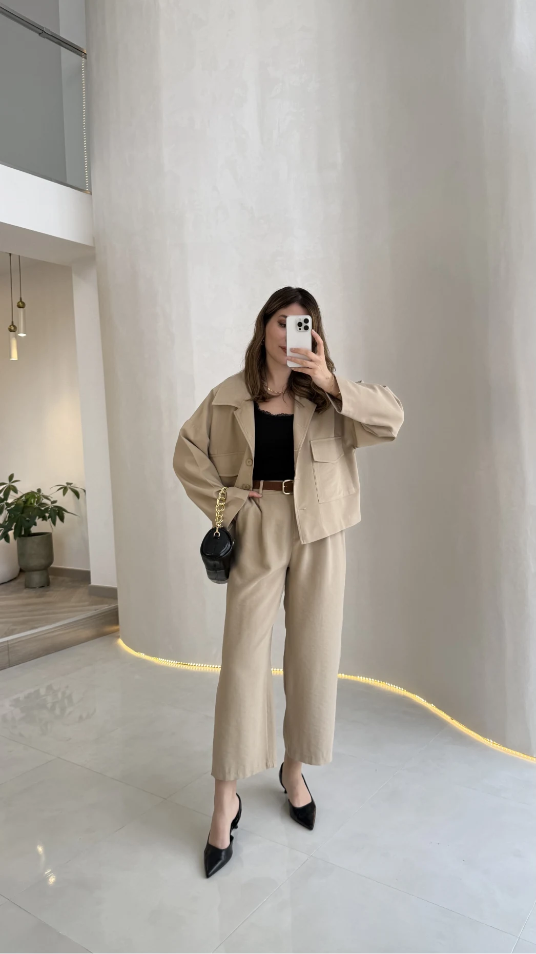 Cepli Kemerli Oversize Ceket-Pantolon Takım - Vizon - Kod: 9025