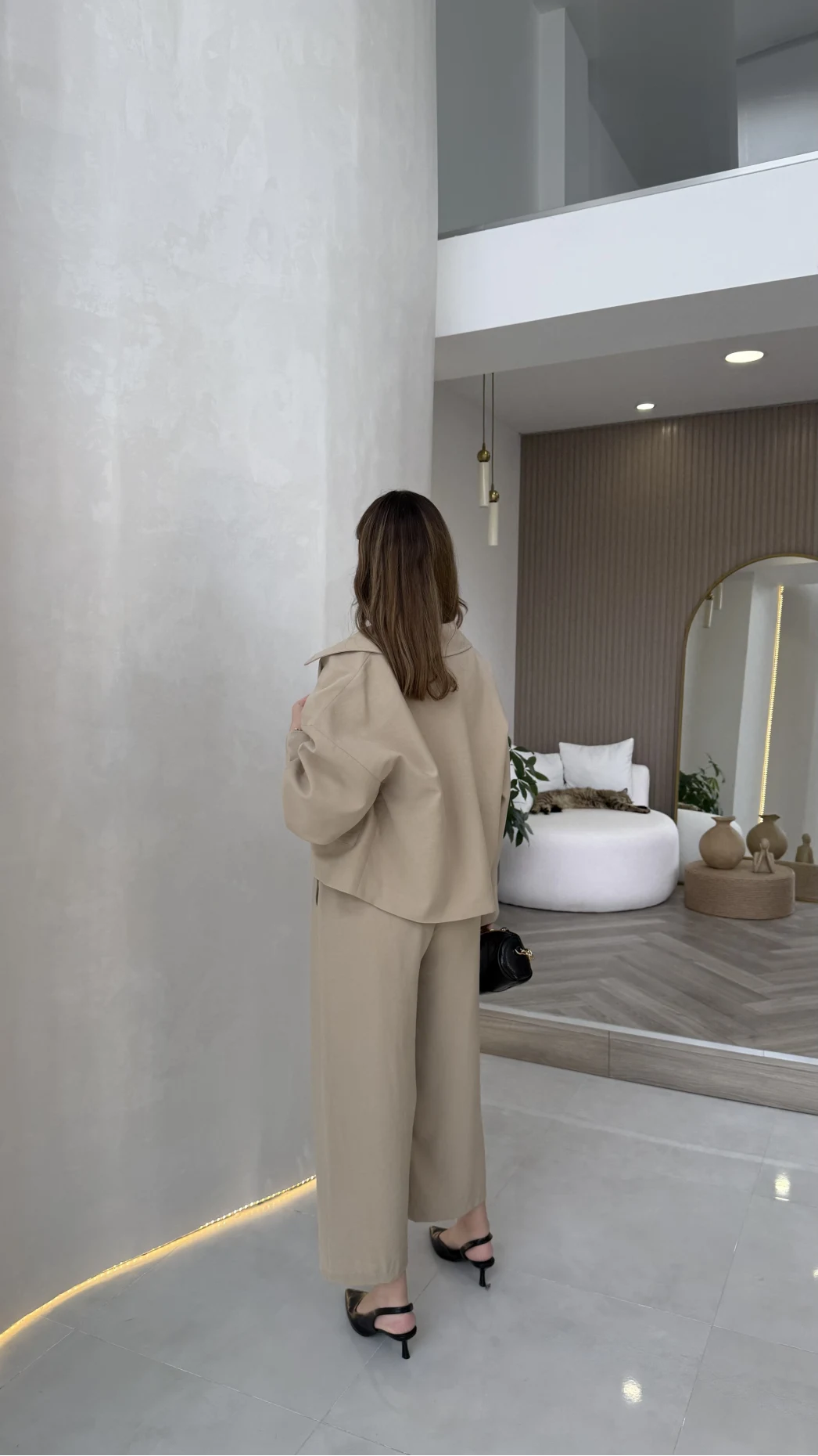 Cepli Kemerli Oversize Ceket-Pantolon Takım - Vizon - Kod: 9025