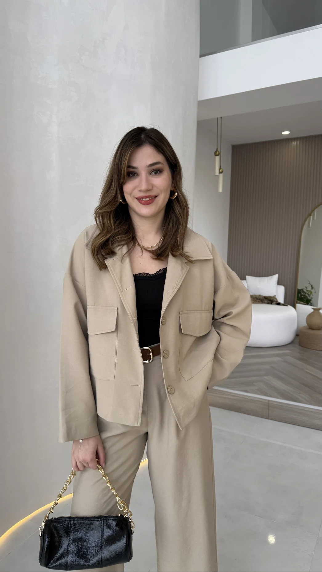 Cepli Kemerli Oversize Ceket-Pantolon Takım - Vizon - Kod: 9025