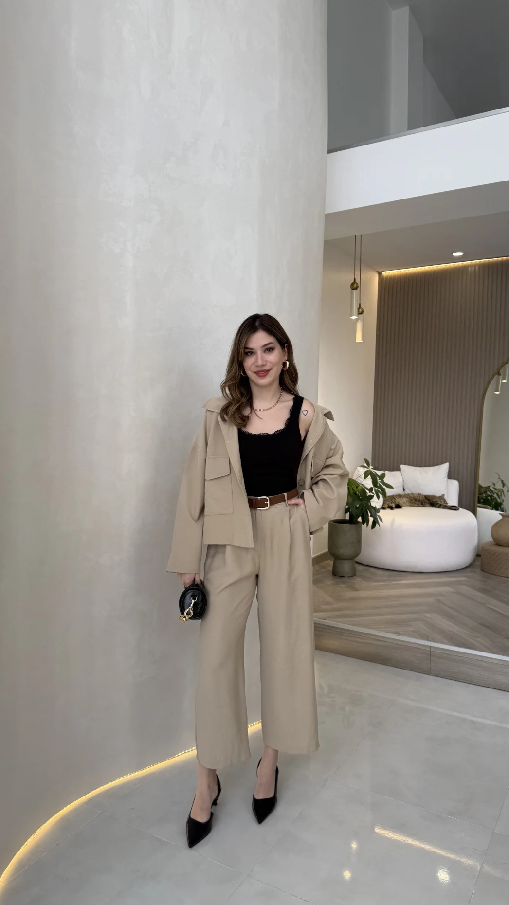 Cepli Kemerli Oversize Ceket-Pantolon Takım - Vizon - Kod: 9025