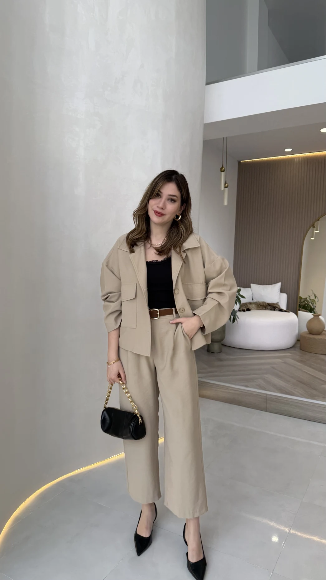 Cepli Kemerli Oversize Ceket-Pantolon Takım - Vizon - Kod: 9025