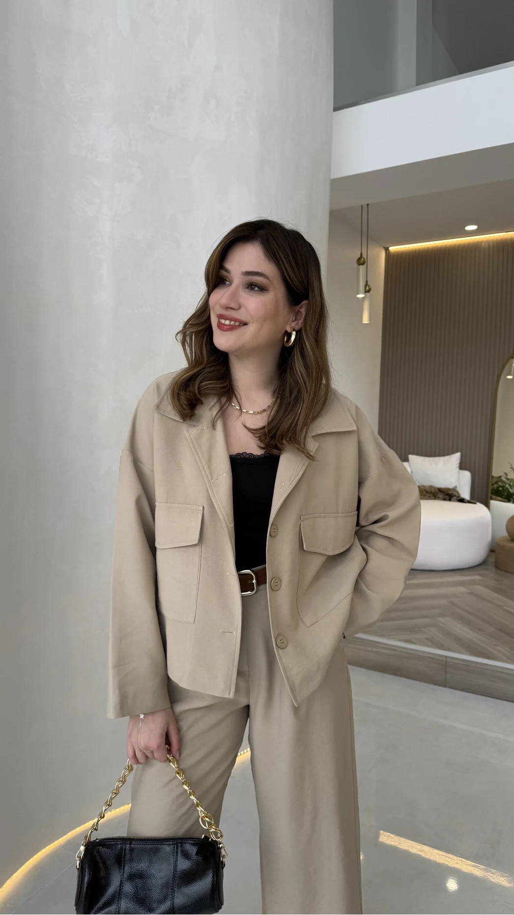 Cepli Kemerli Oversize Ceket-Pantolon Takım - Vizon - Kod: 9025