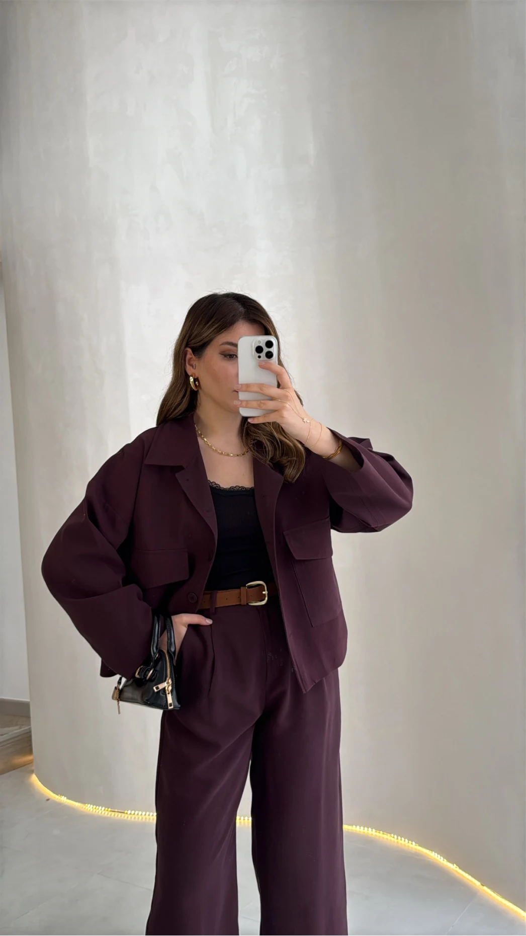 Cepli Kemerli Oversize Ceket-Pantolon Takım - Mürdüm - Kod: 9025