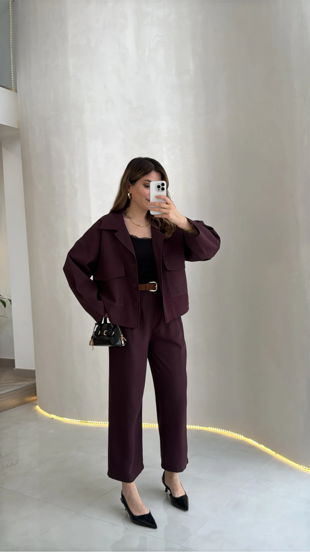 Cepli Kemerli Oversize Ceket-Pantolon Takım - Mürdüm - Kod: 9025