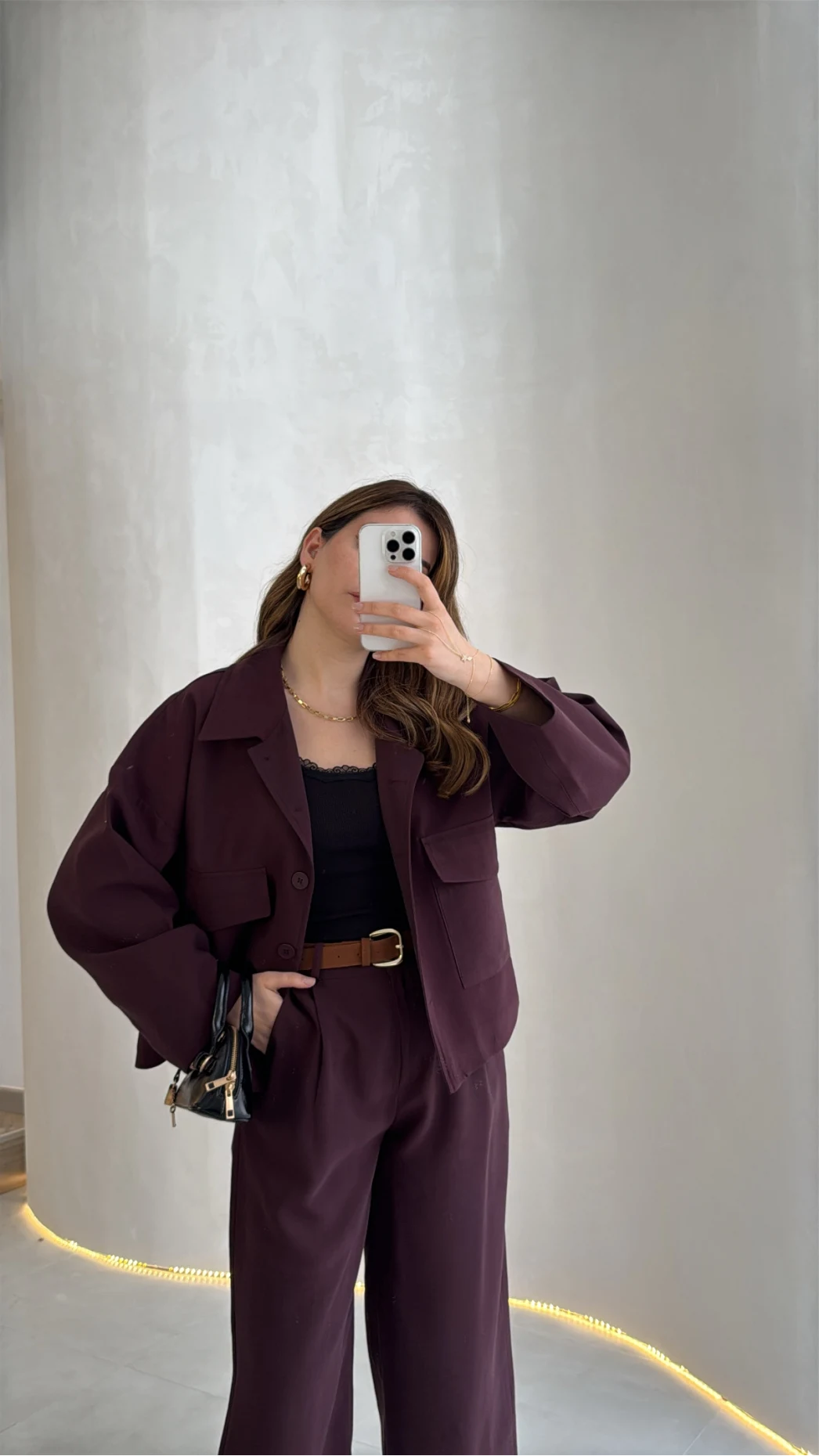 Cepli Kemerli Oversize Ceket-Pantolon Takım - Mürdüm - Kod: 9025