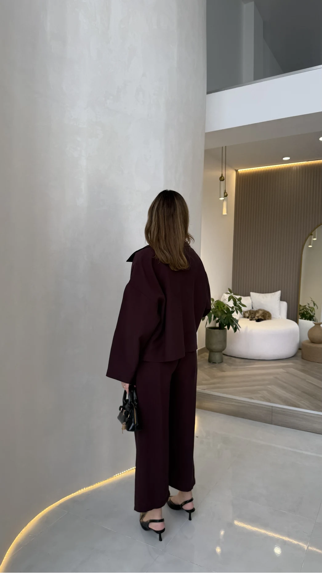 Cepli Kemerli Oversize Ceket-Pantolon Takım - Mürdüm - Kod: 9025