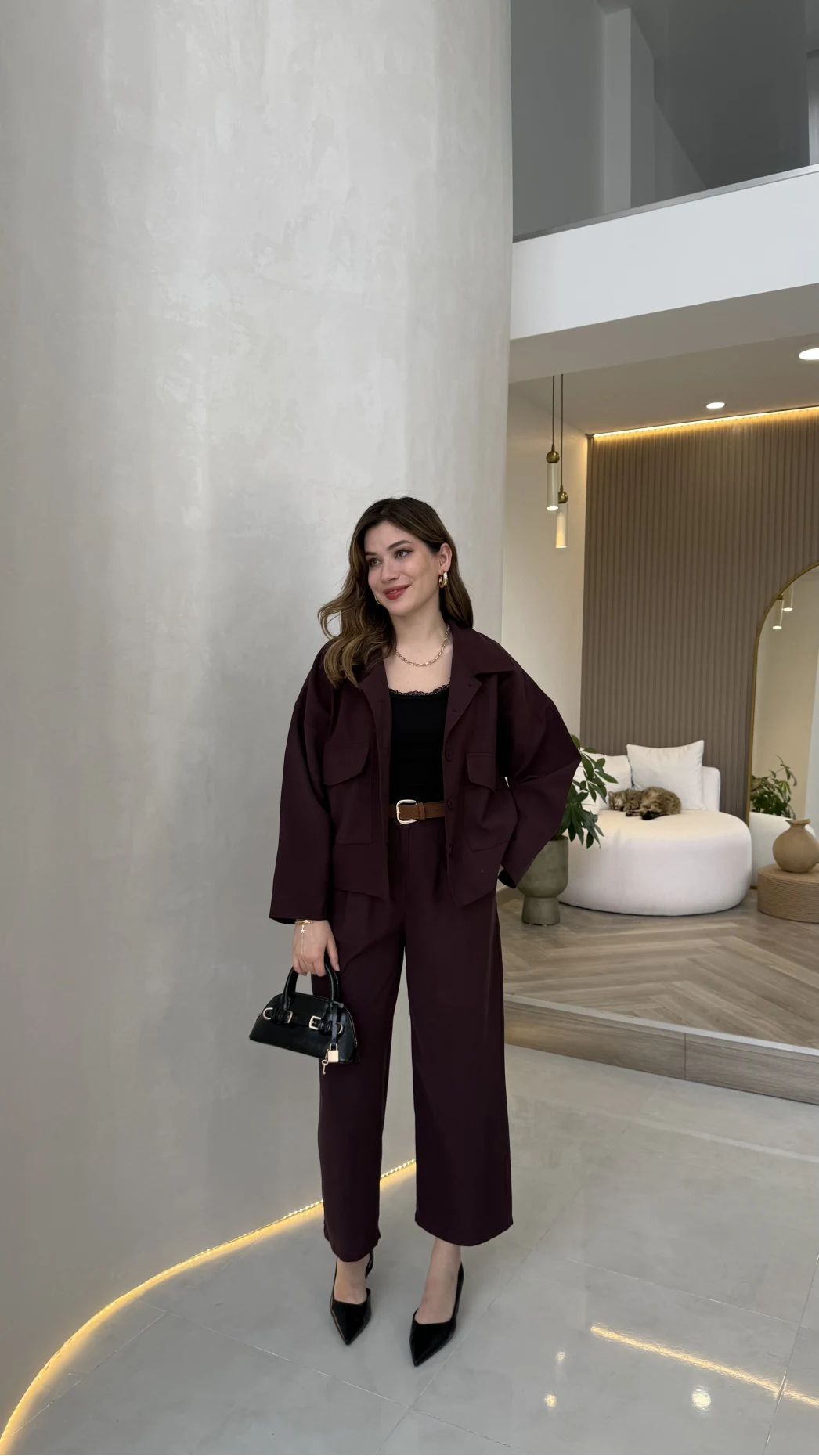 Cepli Kemerli Oversize Ceket-Pantolon Takım - Mürdüm - Kod: 9025