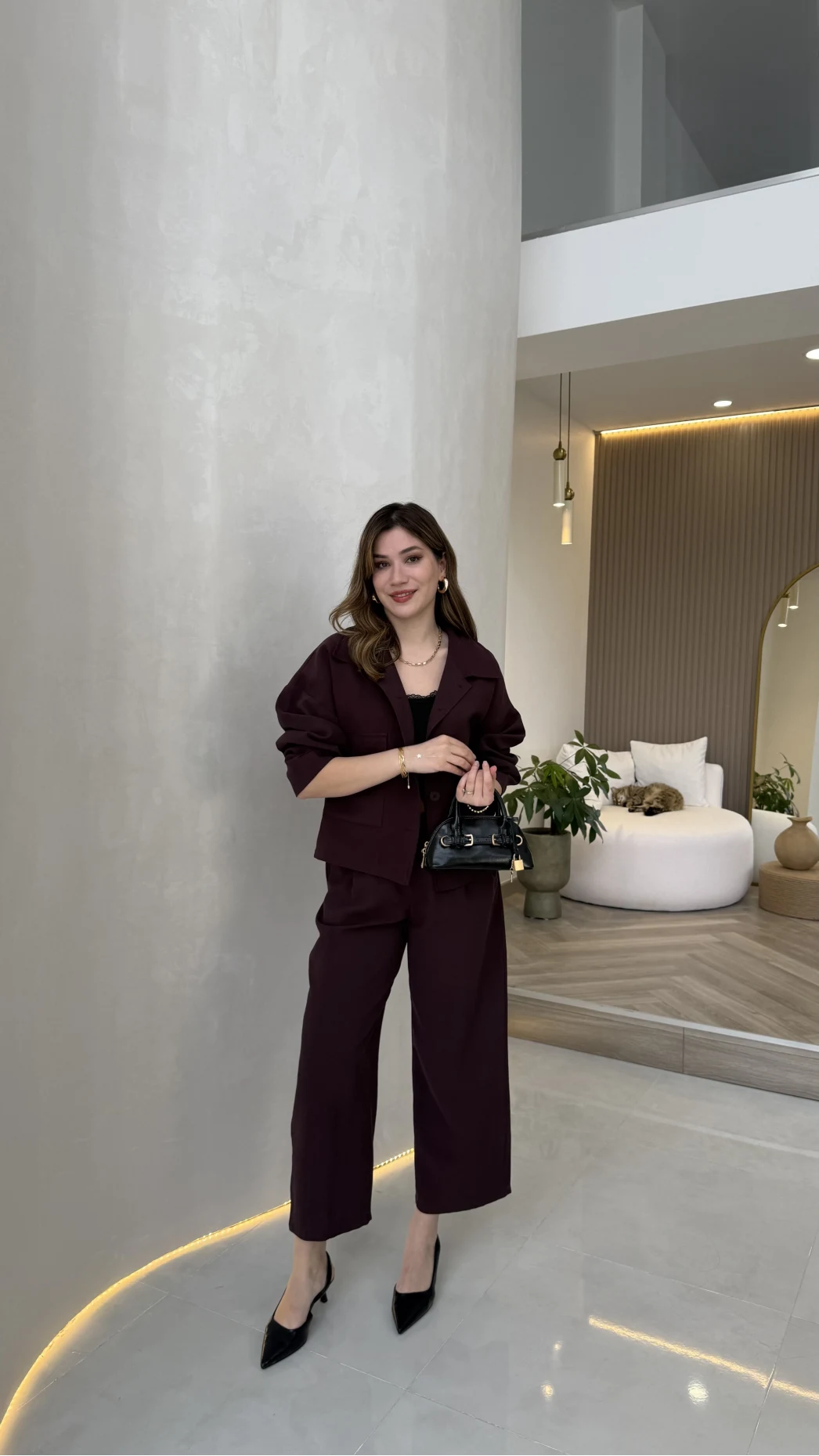 Cepli Kemerli Oversize Ceket-Pantolon Takım - Mürdüm - Kod: 9025