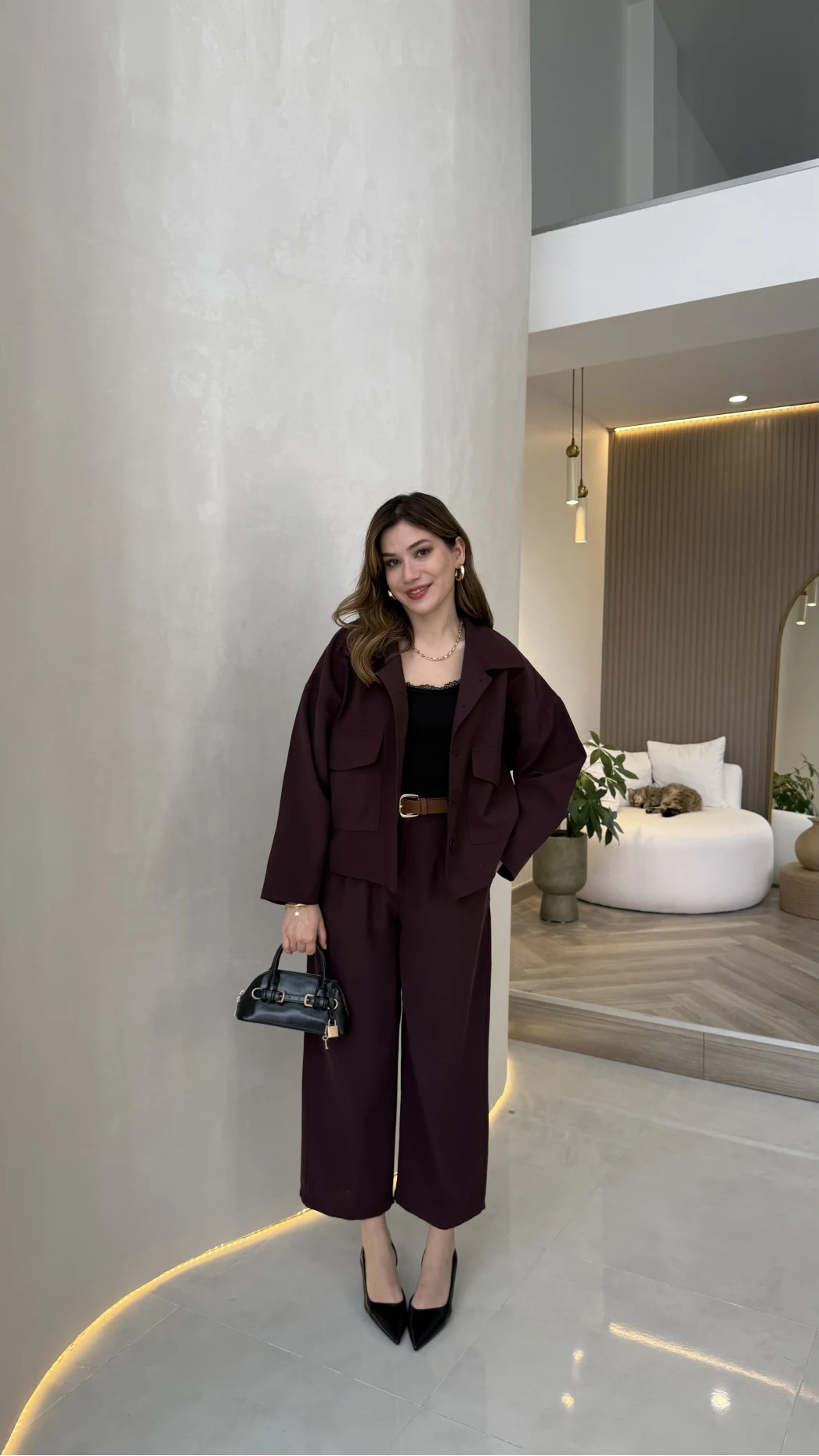 Cepli Kemerli Oversize Ceket-Pantolon Takım - Mürdüm - Kod: 9025