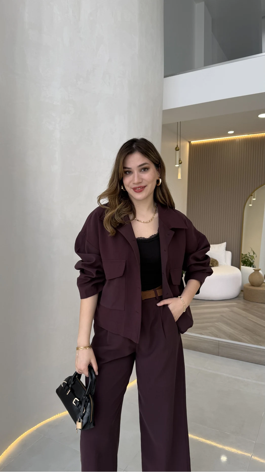 Cepli Kemerli Oversize Ceket-Pantolon Takım - Mürdüm - Kod: 9025