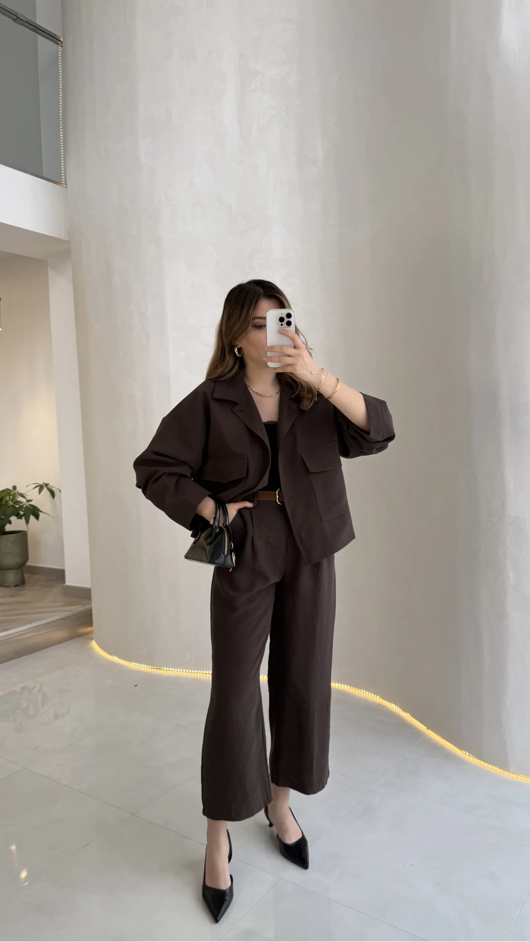 Cepli Kemerli Oversize Ceket-Pantolon Takım - Kahve - Kod: 9025