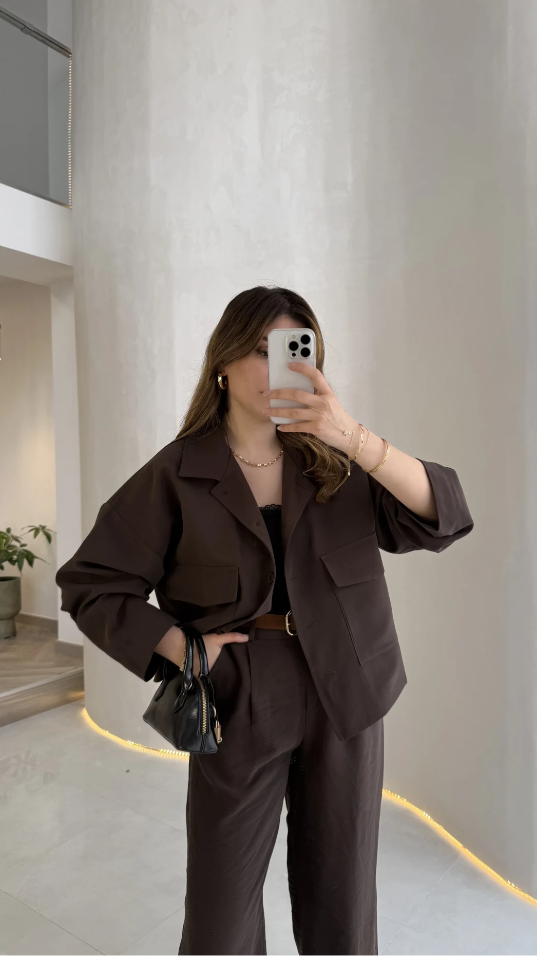 Cepli Kemerli Oversize Ceket-Pantolon Takım - Kahve - Kod: 9025