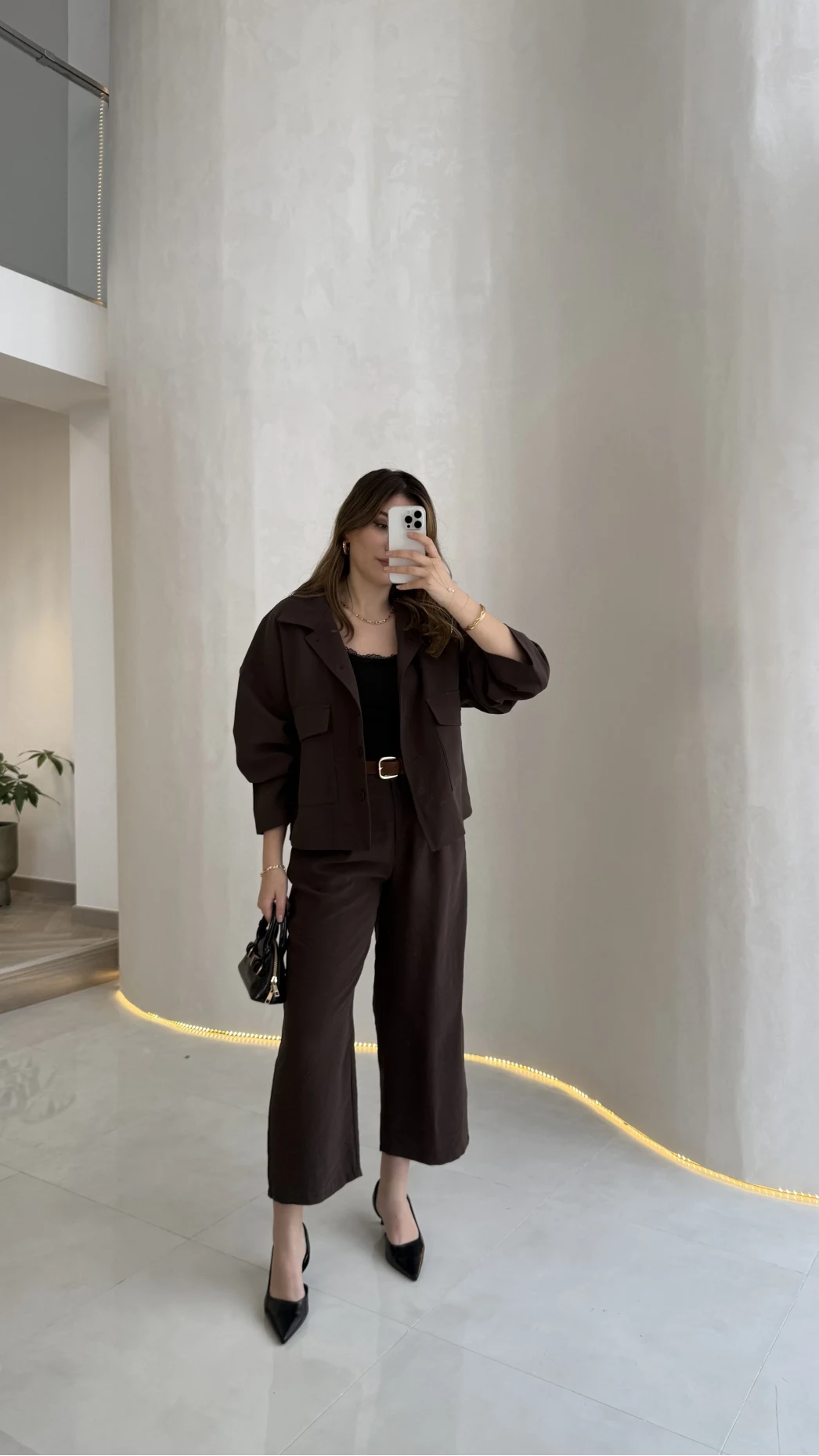 Cepli Kemerli Oversize Ceket-Pantolon Takım - Kahve - Kod: 9025