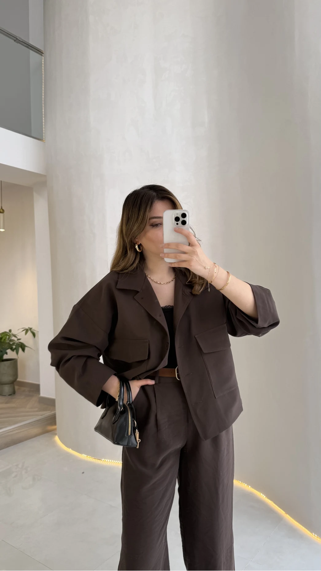 Cepli Kemerli Oversize Ceket-Pantolon Takım - Kahve - Kod: 9025