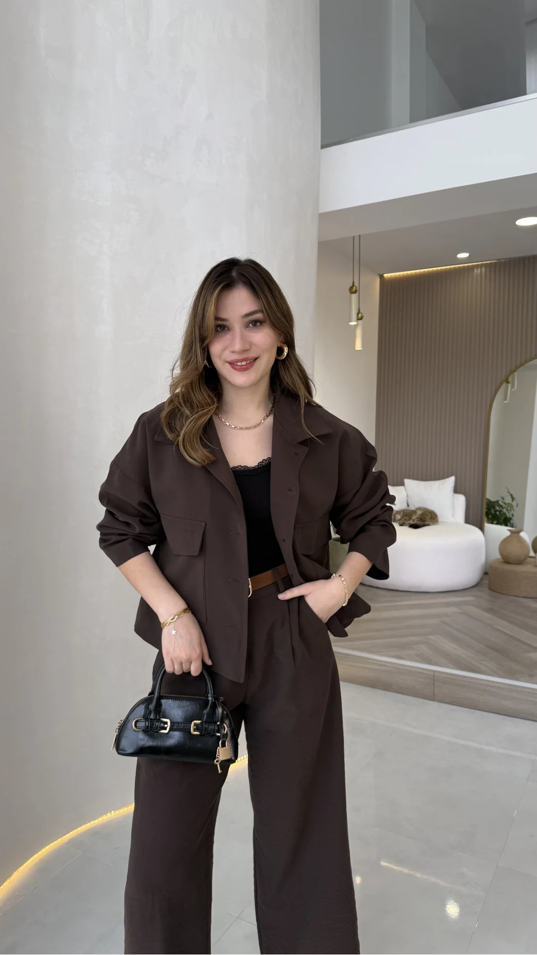 Cepli Kemerli Oversize Ceket-Pantolon Takım - Kahve - Kod: 9025