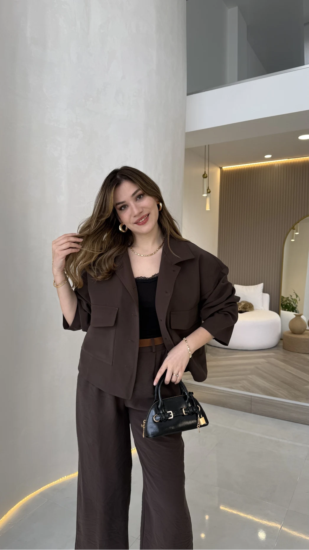 Cepli Kemerli Oversize Ceket-Pantolon Takım - Kahve - Kod: 9025