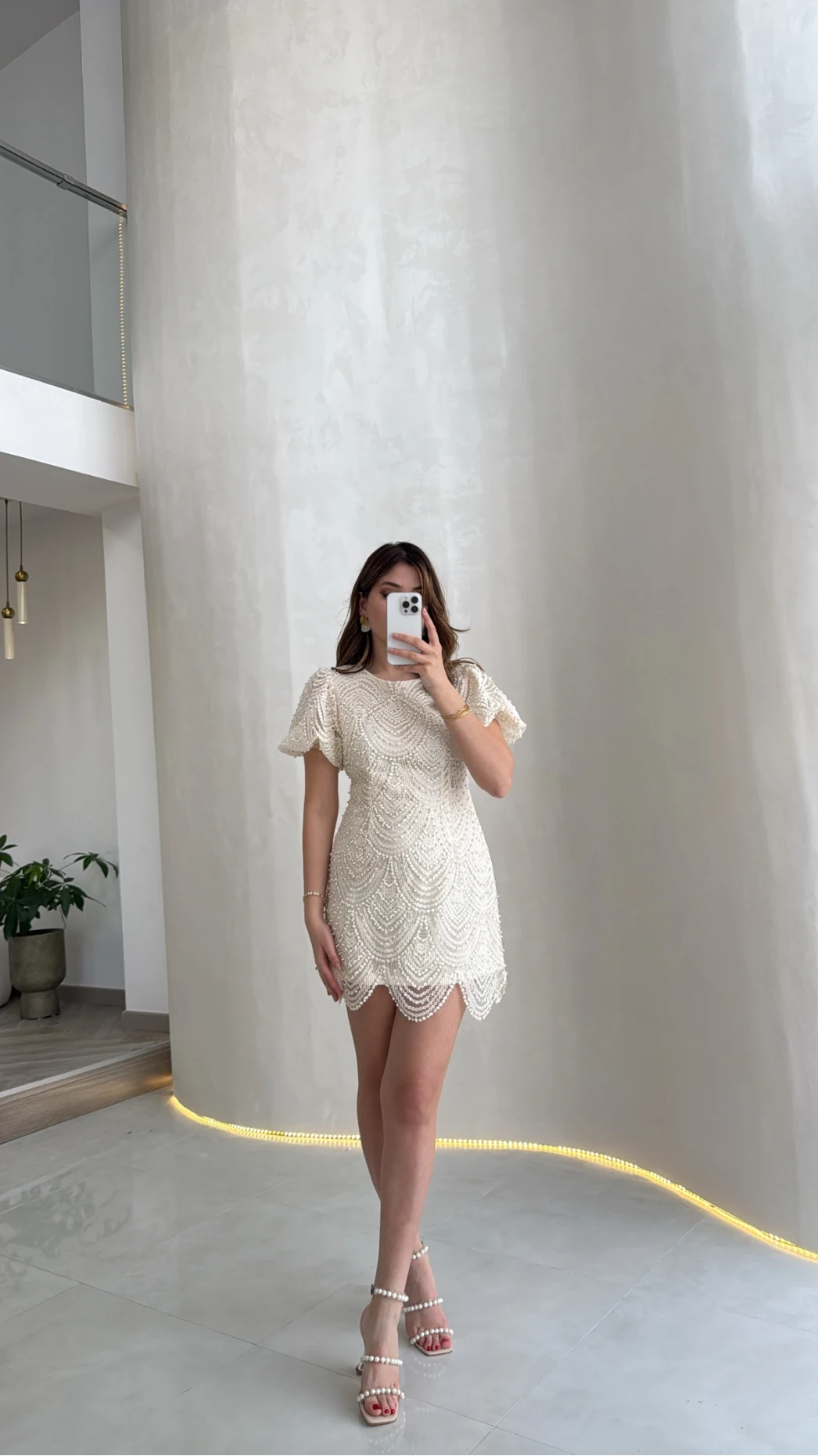 Lacho Dantelli İnci Elbise - Ekru - Kod: 39528