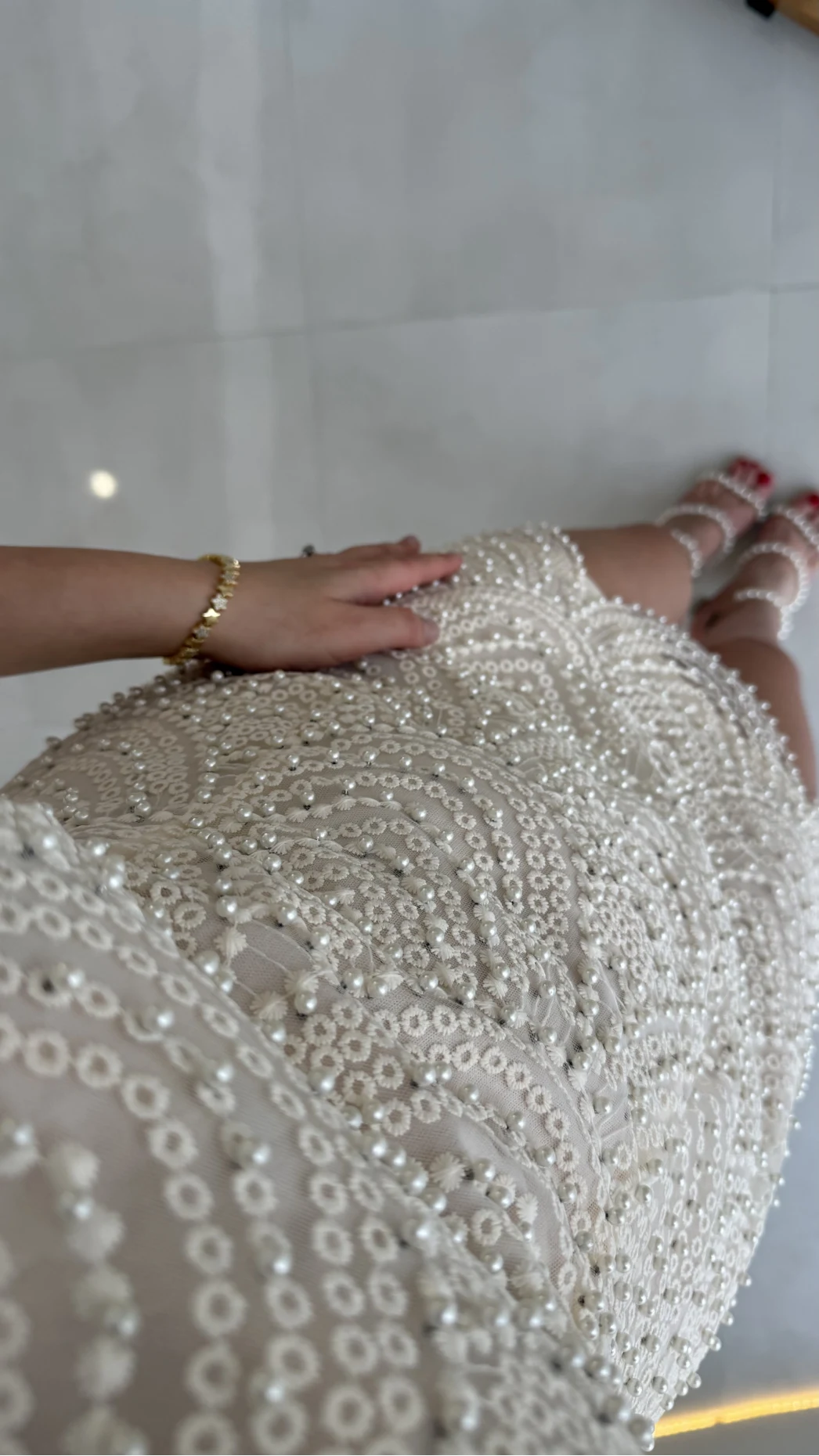 Lacho Dantelli İnci Elbise - Ekru - Kod: 39528