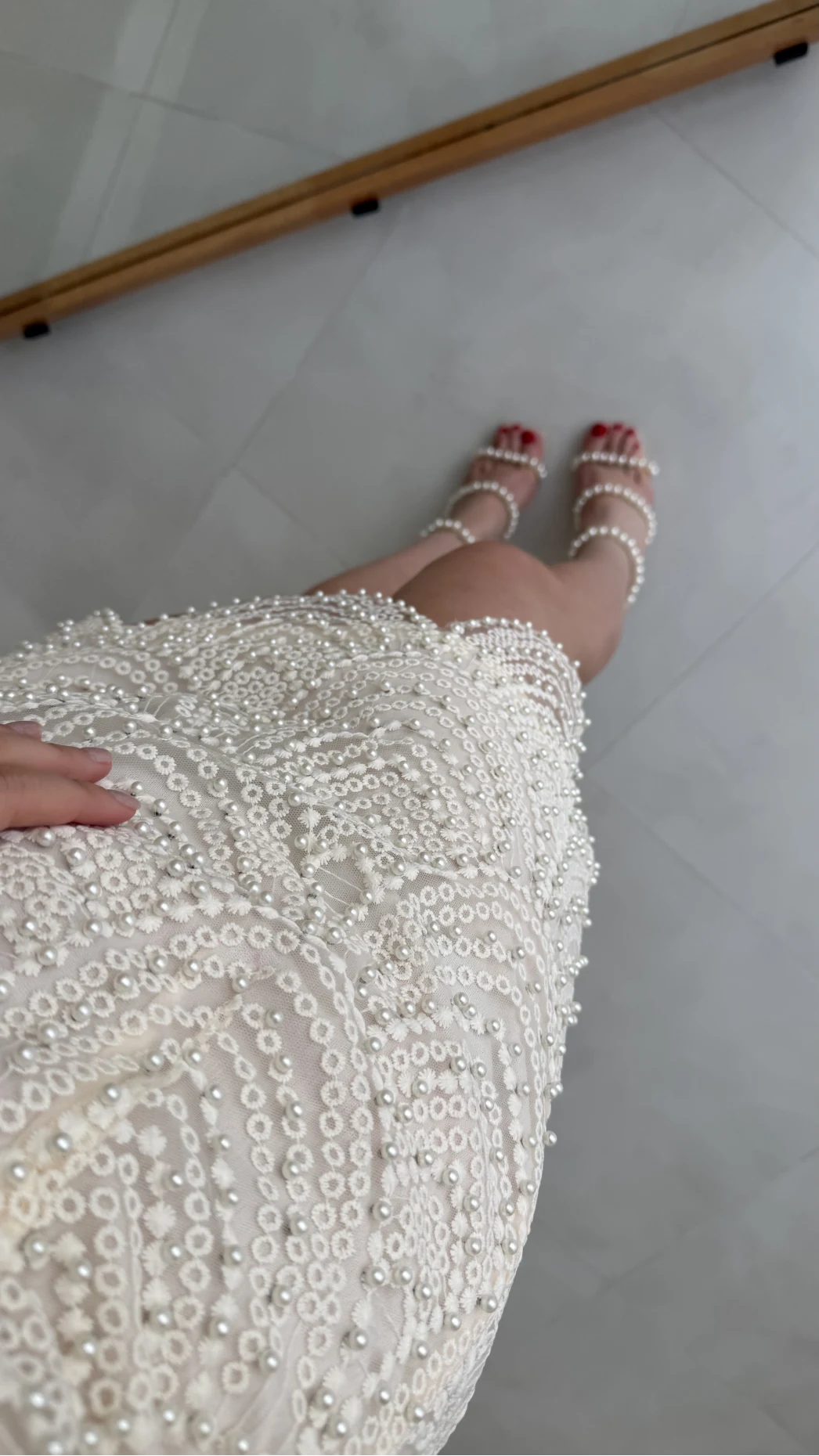 Lacho Dantelli İnci Elbise - Ekru - Kod: 39528