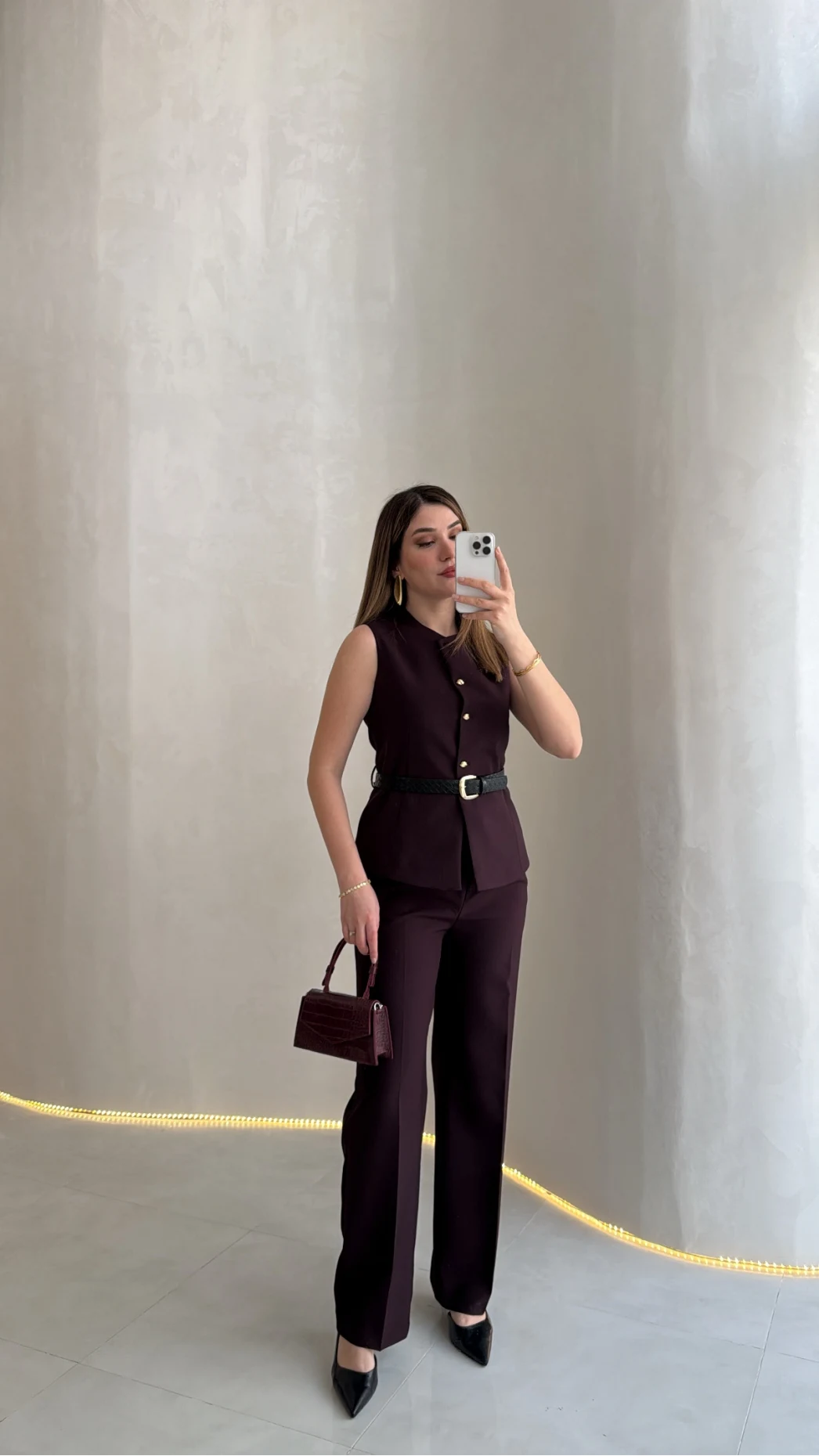 Moon Kemerli İspanyol Kesim Yelek Pantolon Takım - Mürdüm - Kod: 8891