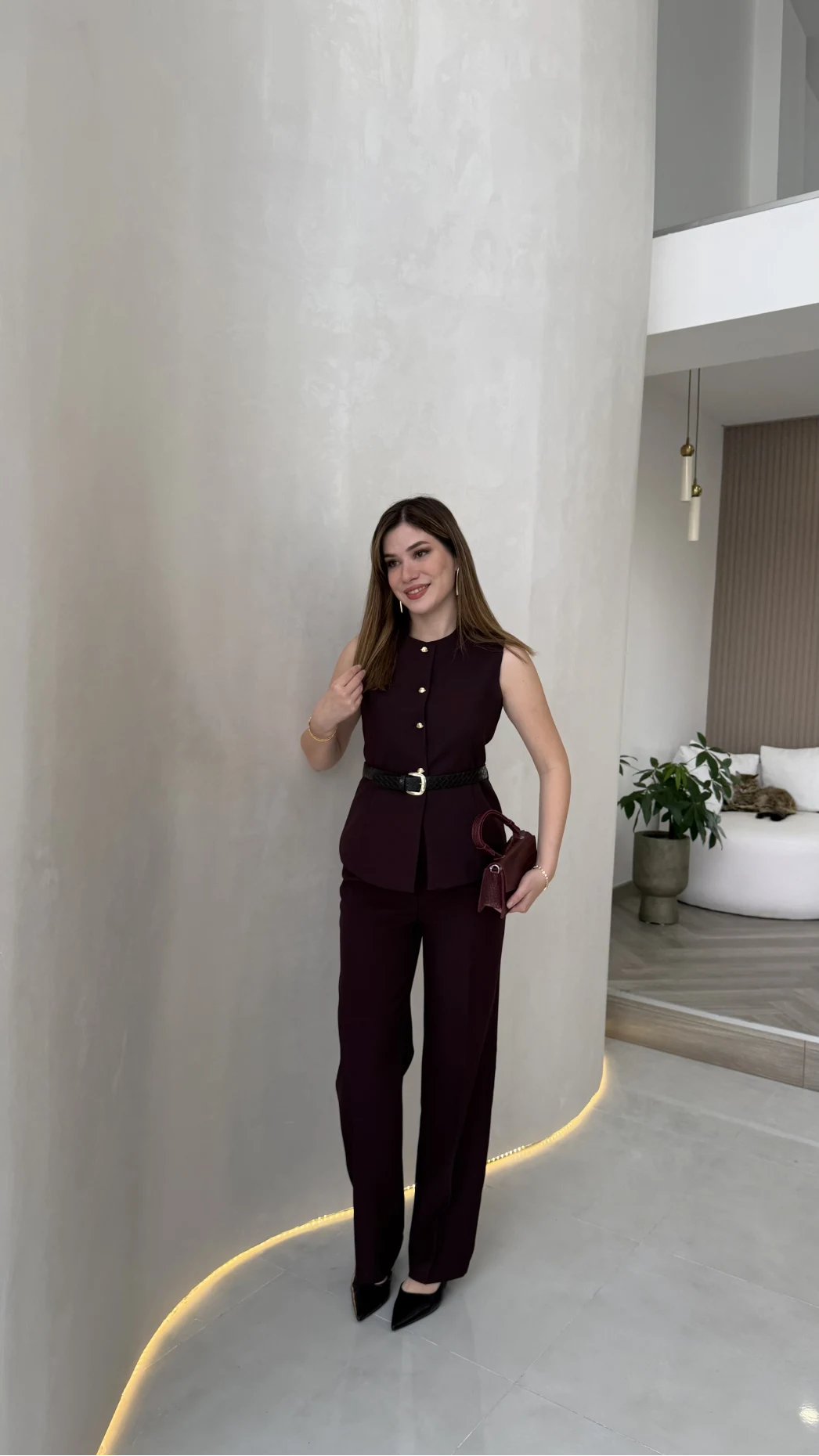 Moon Kemerli İspanyol Kesim Yelek Pantolon Takım - Mürdüm - Kod: 8891