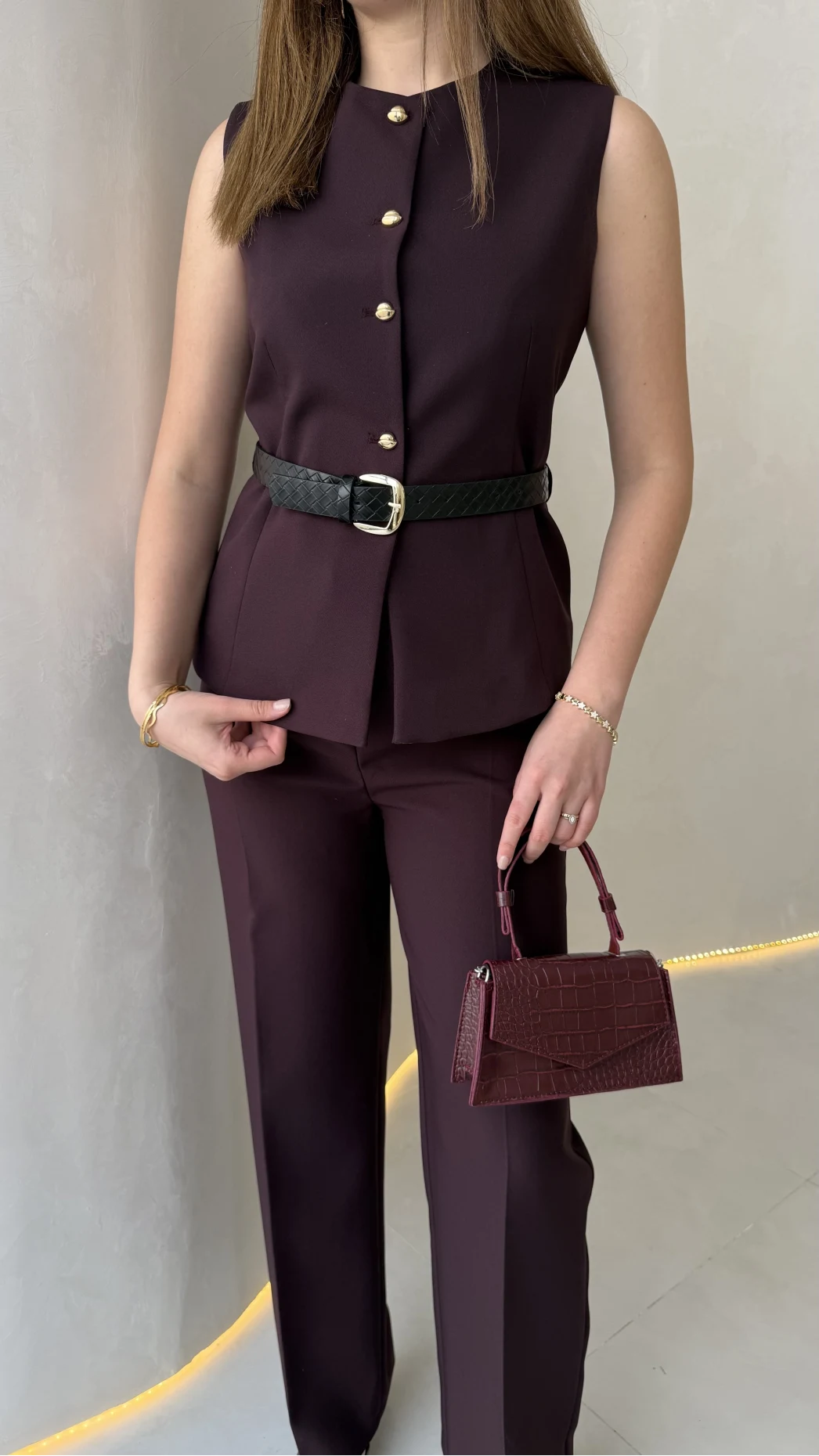 Moon Kemerli İspanyol Kesim Yelek Pantolon Takım - Mürdüm - Kod: 8891