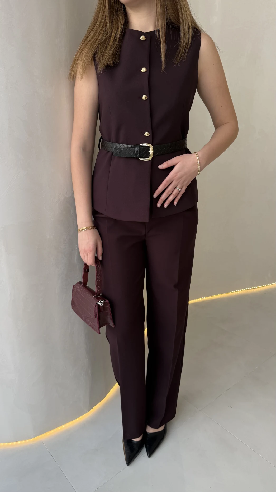 Moon Kemerli İspanyol Kesim Yelek Pantolon Takım - Mürdüm - Kod: 8891