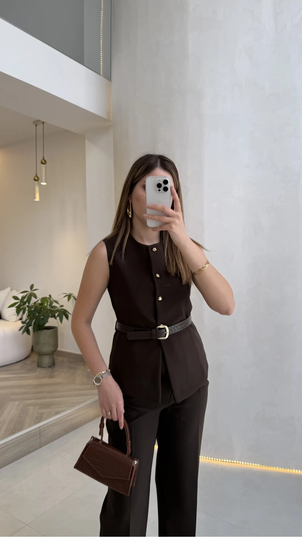 Moon Kemerli İspanyol Kesim Yelek Pantolon Takım - Kahve - Kod: 8891