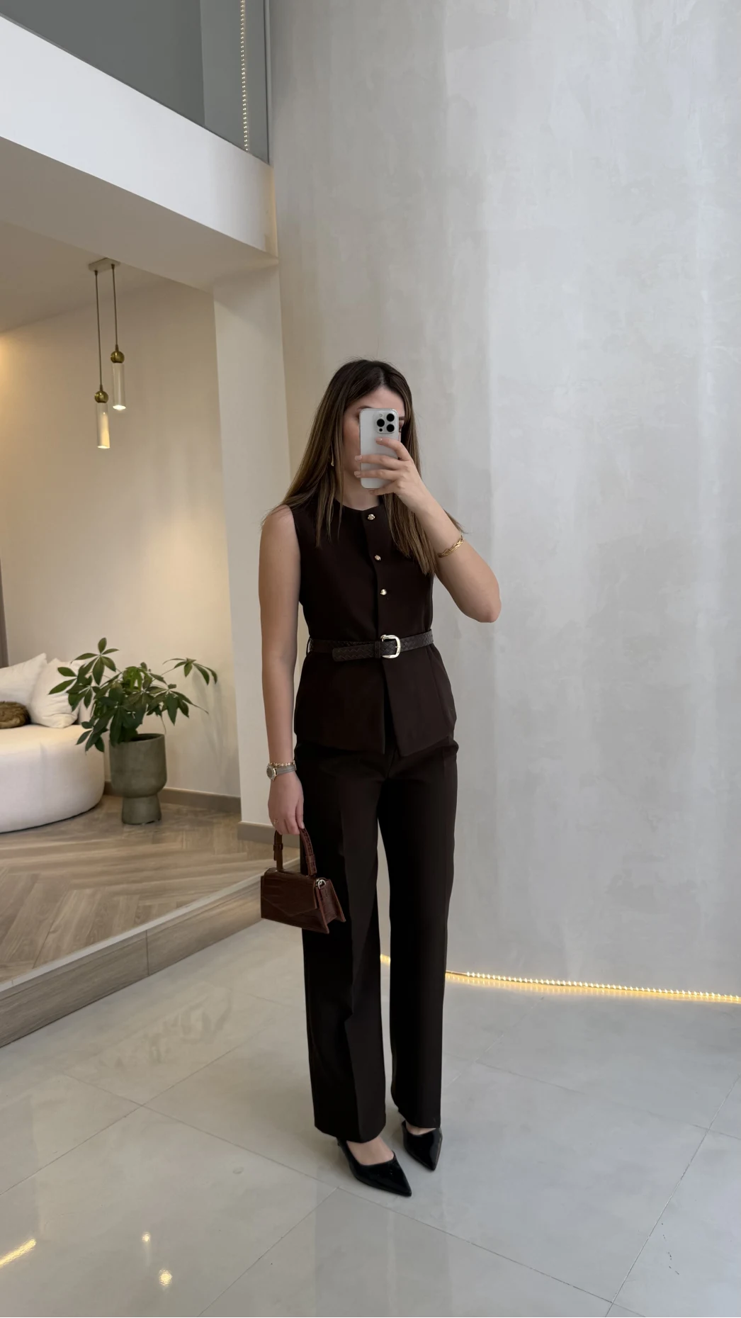 Moon Kemerli İspanyol Kesim Yelek Pantolon Takım - Kahve - Kod: 8891