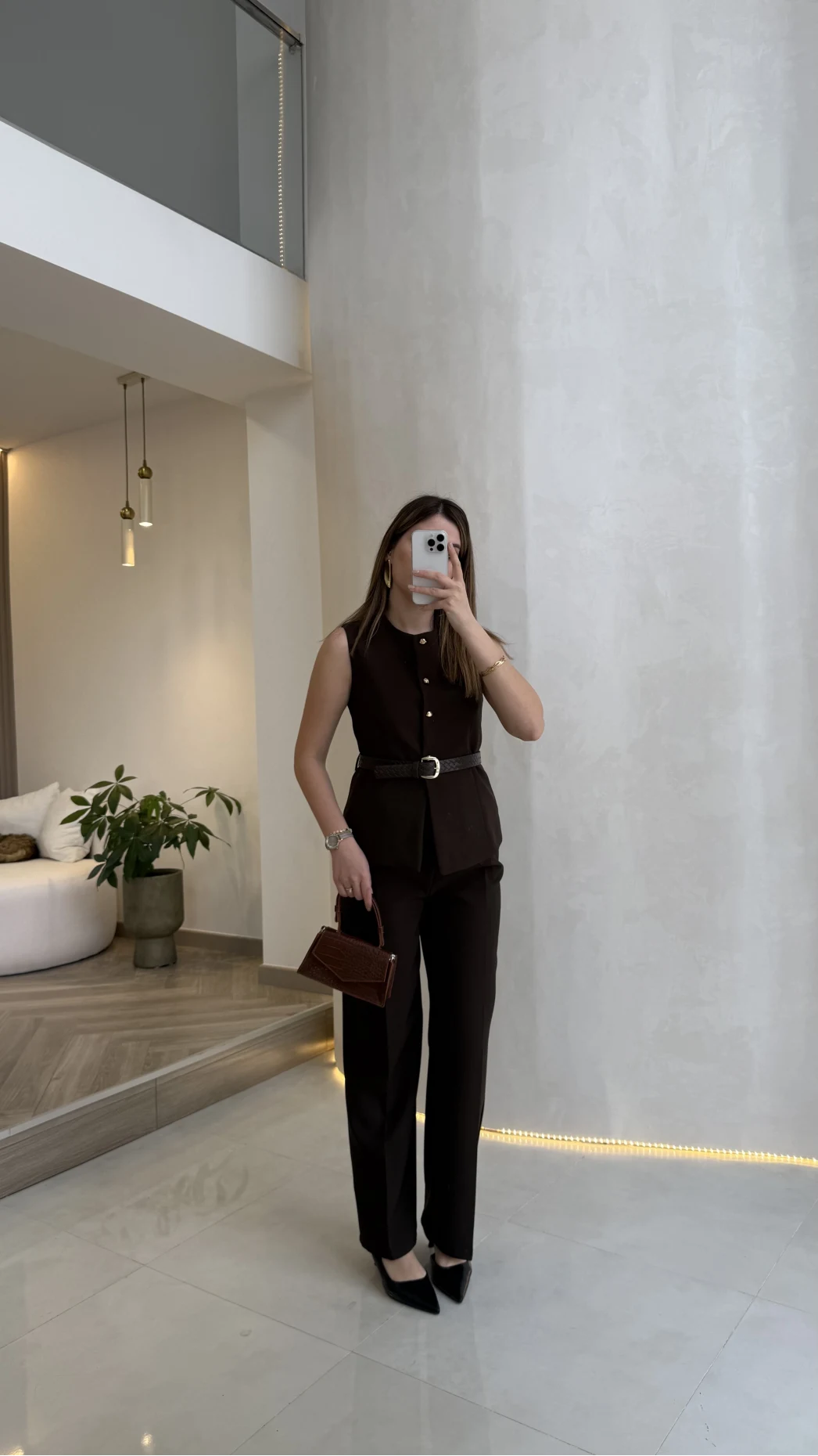 Moon Kemerli İspanyol Kesim Yelek Pantolon Takım - Kahve - Kod: 8891