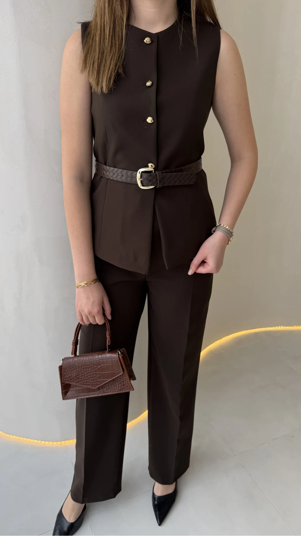 Moon Kemerli İspanyol Kesim Yelek Pantolon Takım - Kahve - Kod: 8891