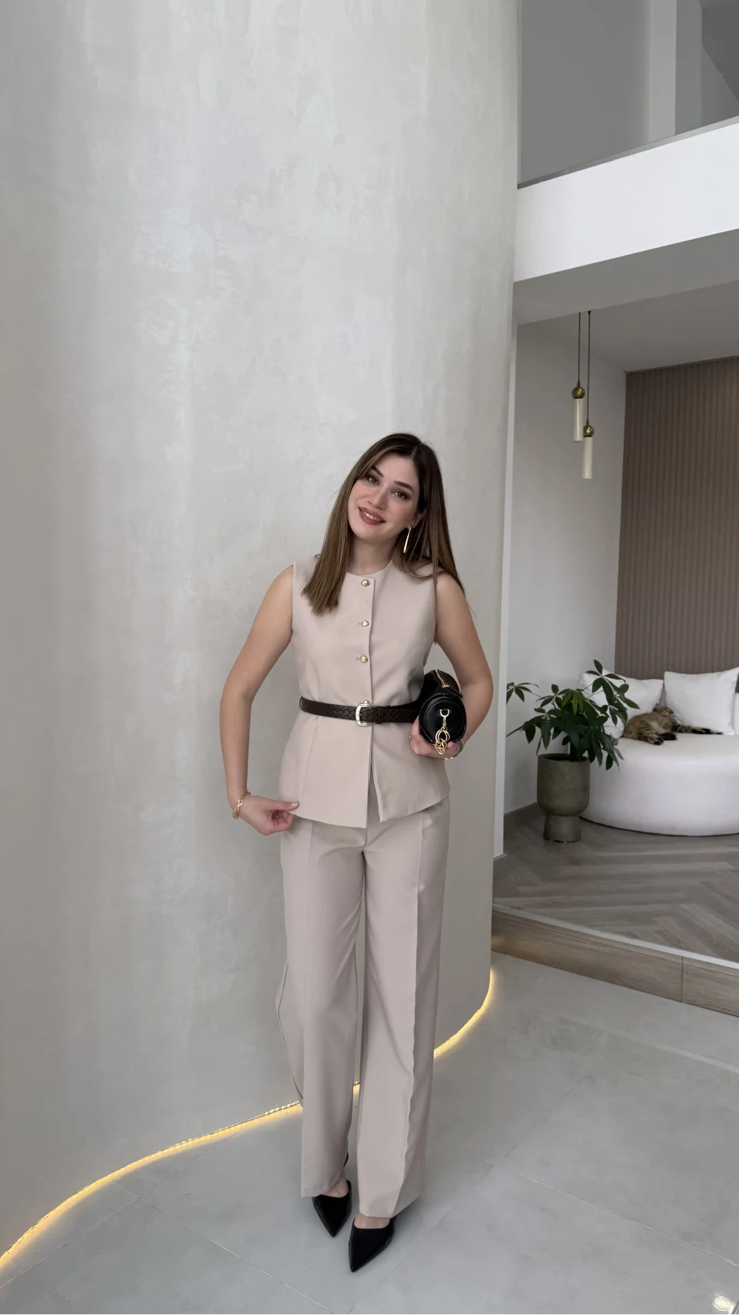 Moon Kemerli İspanyol Kesim Yelek Pantolon Takım - Taş - Kod: 8891