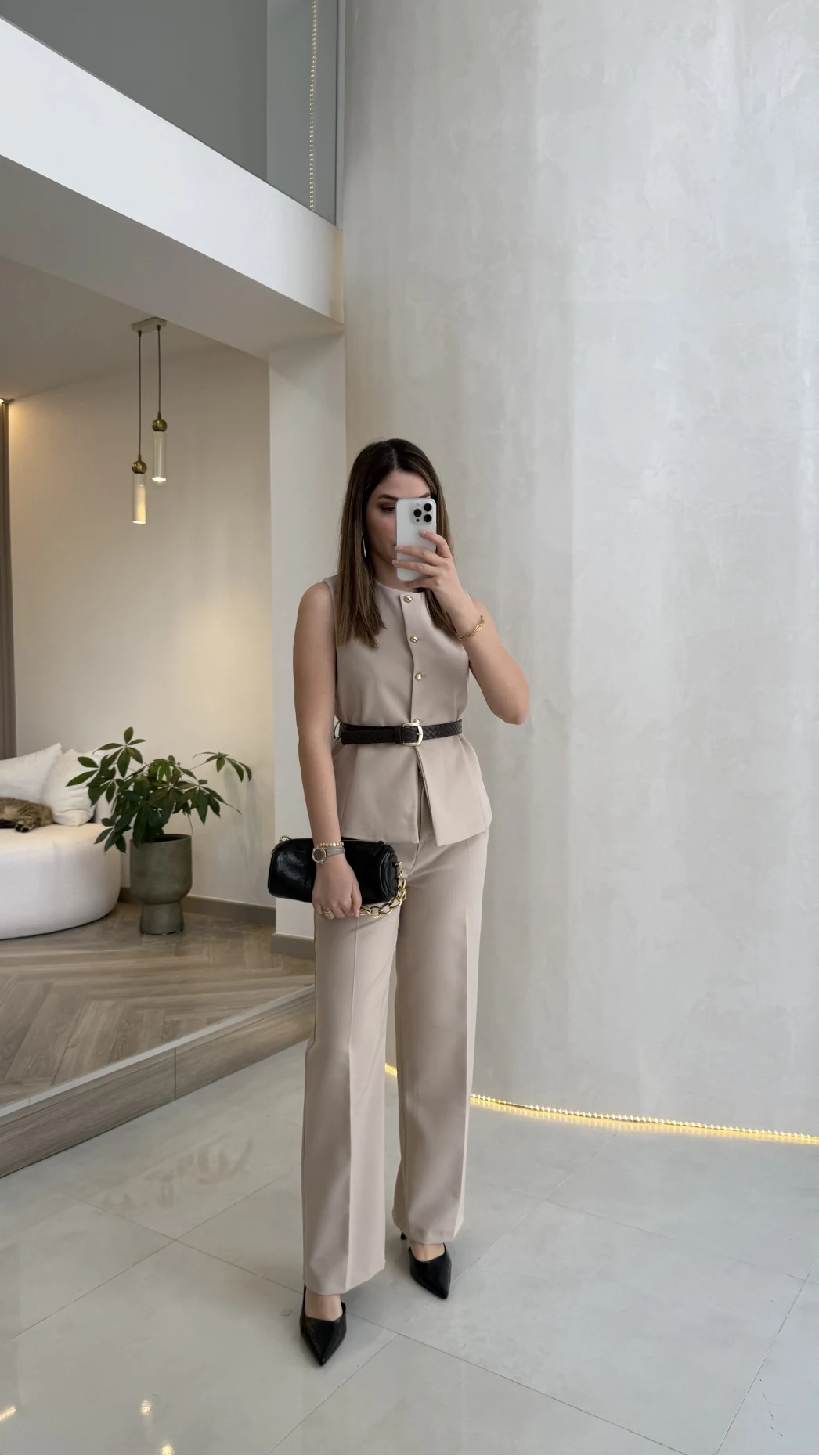 Moon Kemerli İspanyol Kesim Yelek Pantolon Takım - Taş - Kod: 8891