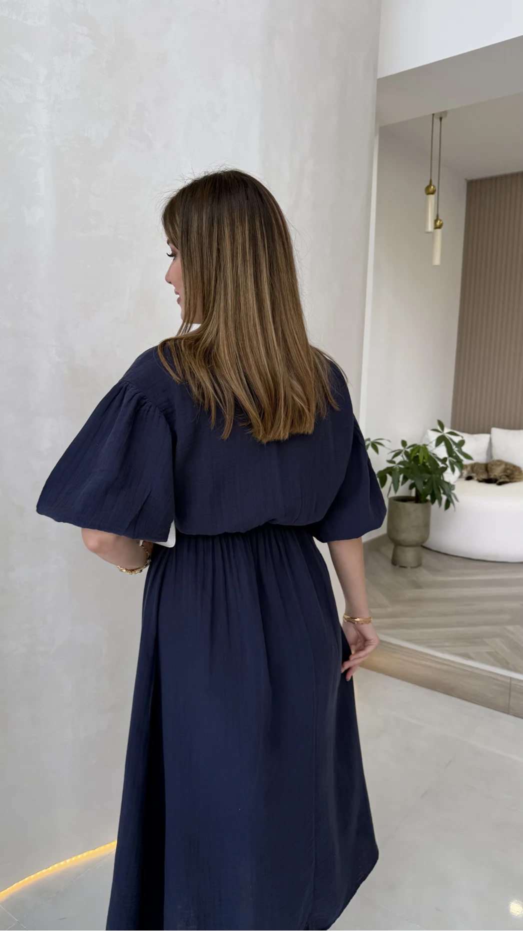 Becca Müslin Kumaş Elbise - Lacivert - Kod: 3008