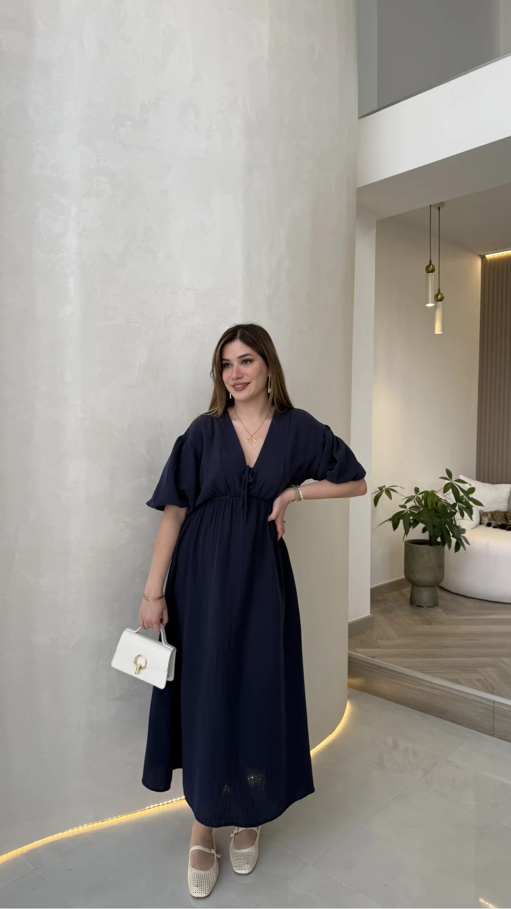 Becca Müslin Kumaş Elbise - Lacivert - Kod: 3008