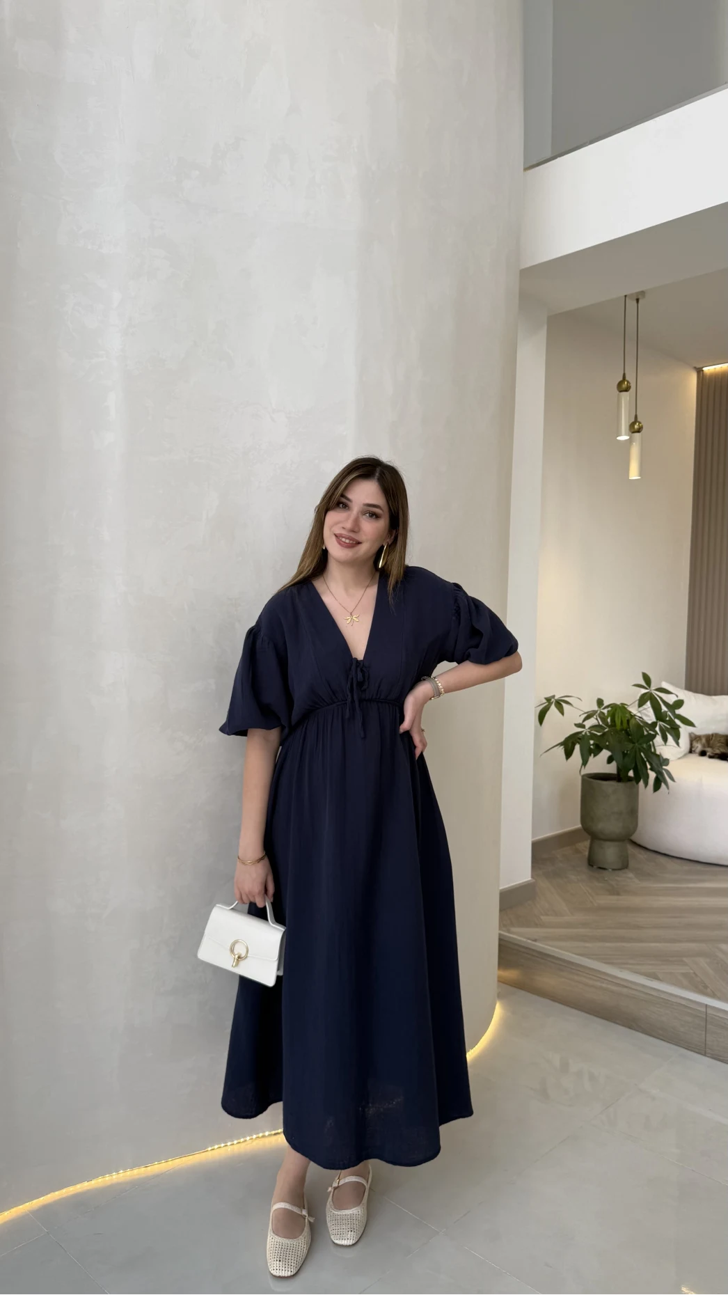 Becca Müslin Kumaş Elbise - Lacivert - Kod: 3008