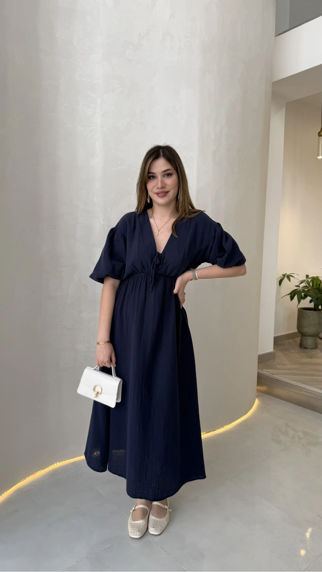 Becca Müslin Kumaş Elbise - Lacivert - Kod: 3008