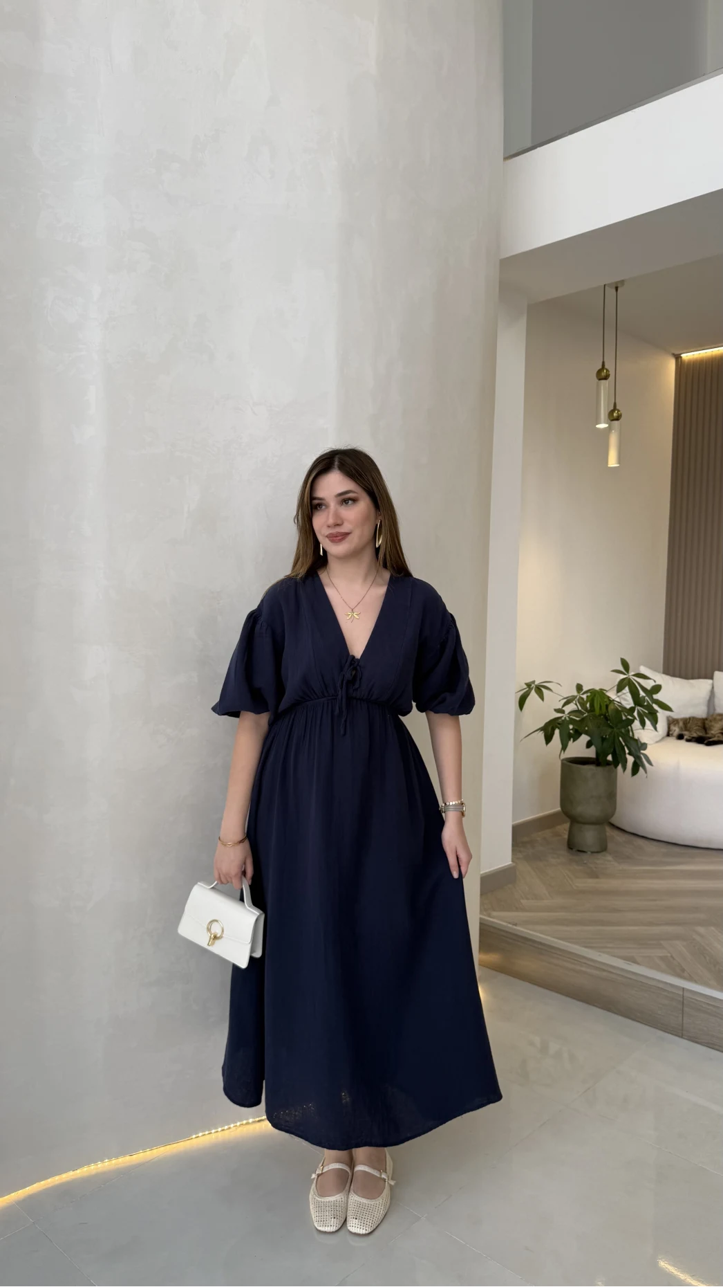 Becca Müslin Kumaş Elbise - Lacivert - Kod: 3008