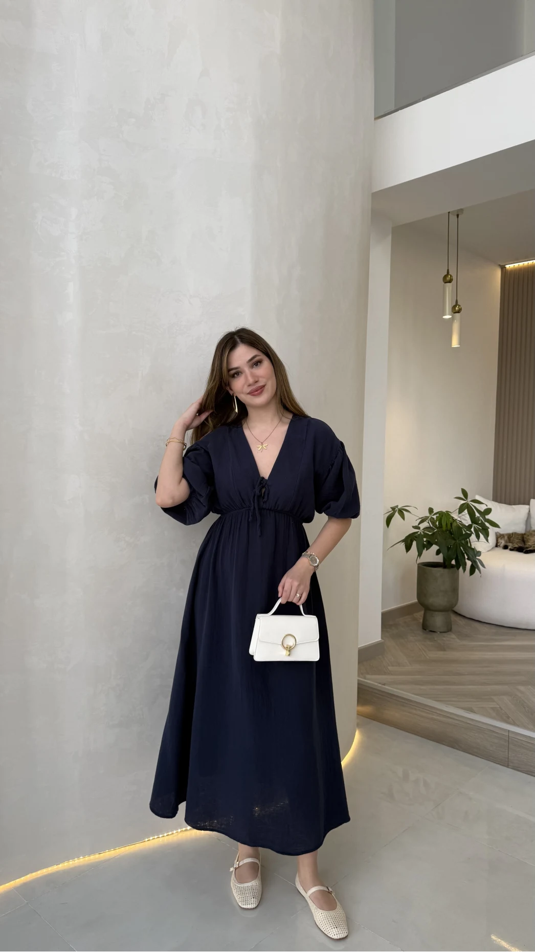 Becca Müslin Kumaş Elbise - Lacivert - Kod: 3008