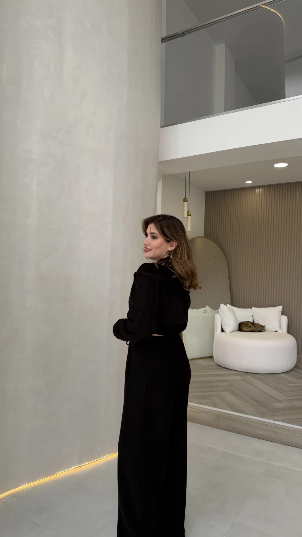 Herra Dantel Detay Kapüşonlu Crop Eşofman Takım - Siyah