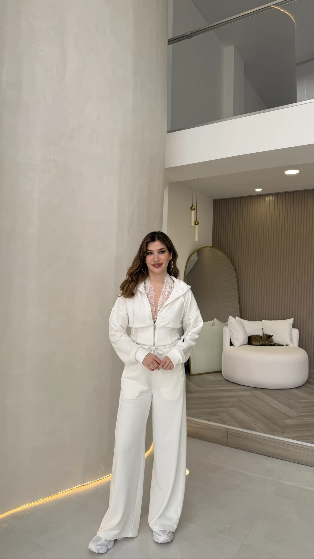 Herra Dantel Detay Kapüşonlu Crop Eşofman Takım - Ekru