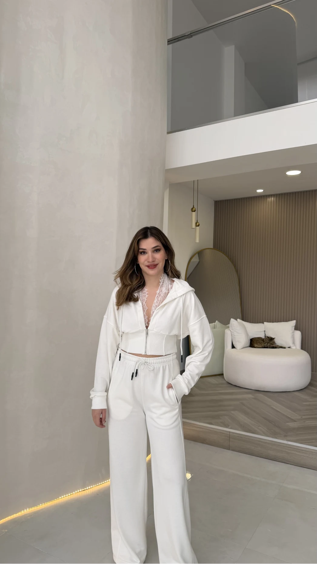 Herra Dantel Detay Kapüşonlu Crop Eşofman Takım - Ekru