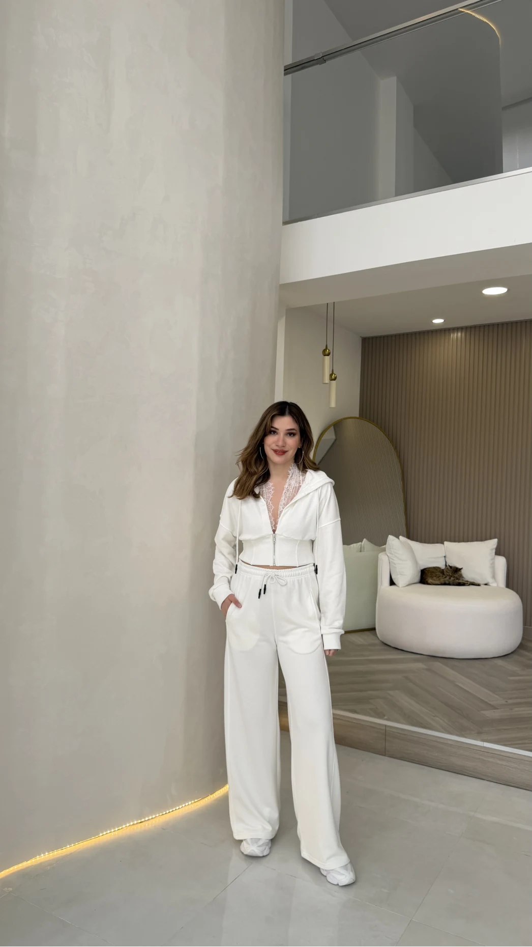 Herra Dantel Detay Kapüşonlu Crop Eşofman Takım - Ekru