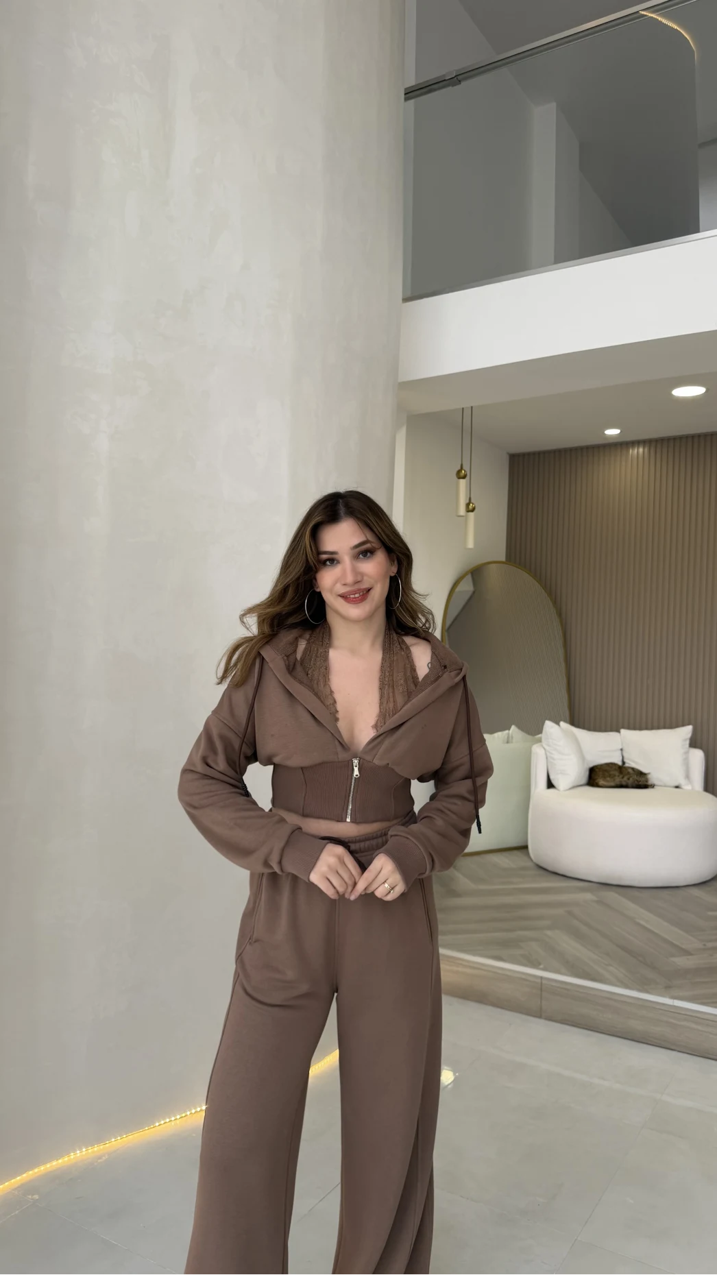 Herra Dantel Detay Kapüşonlu Crop Eşofman Takım - Kahve