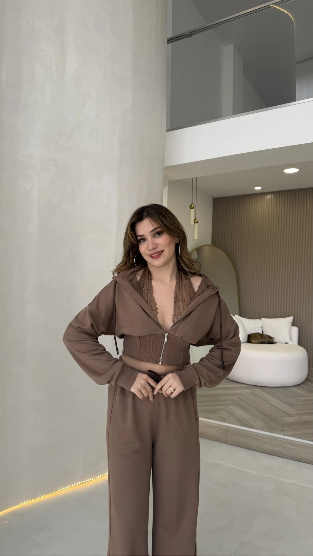 Herra Dantel Detay Kapüşonlu Crop Eşofman Takım - Kahve