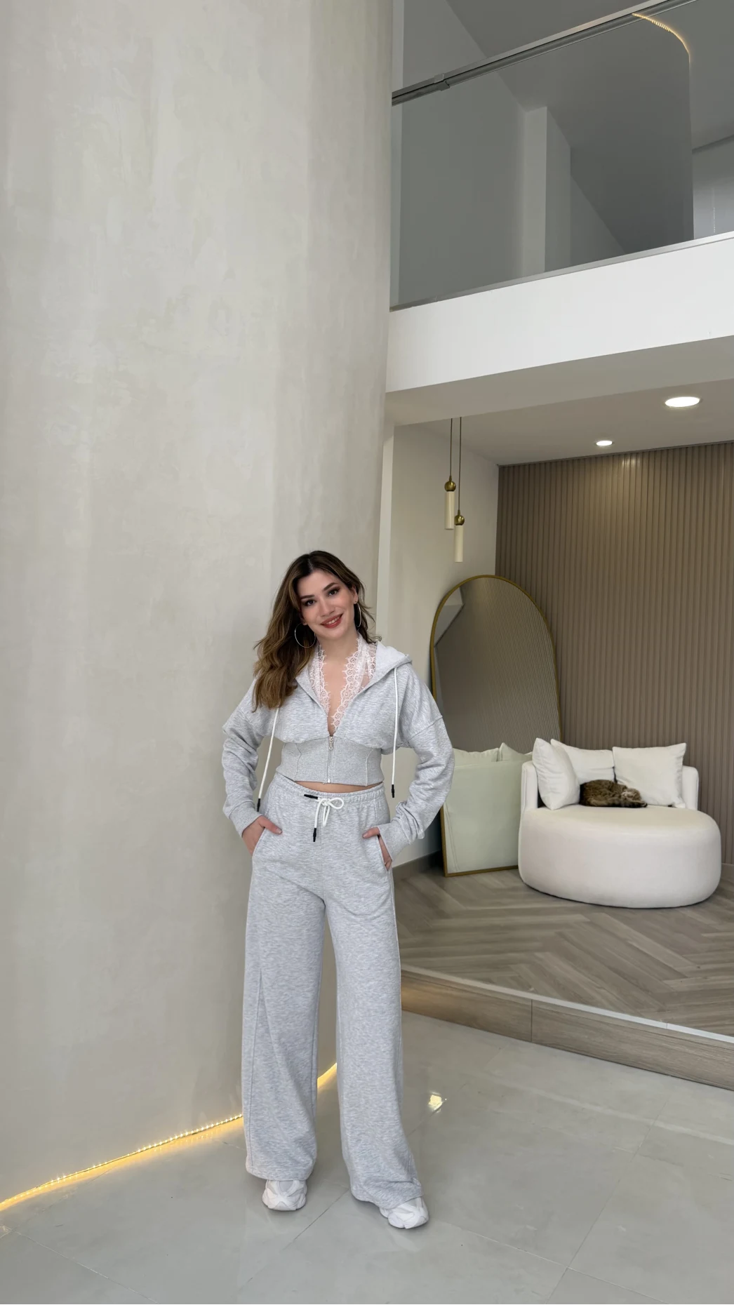 Herra Dantel Detay Kapüşonlu Crop Eşofman Takım - Gri