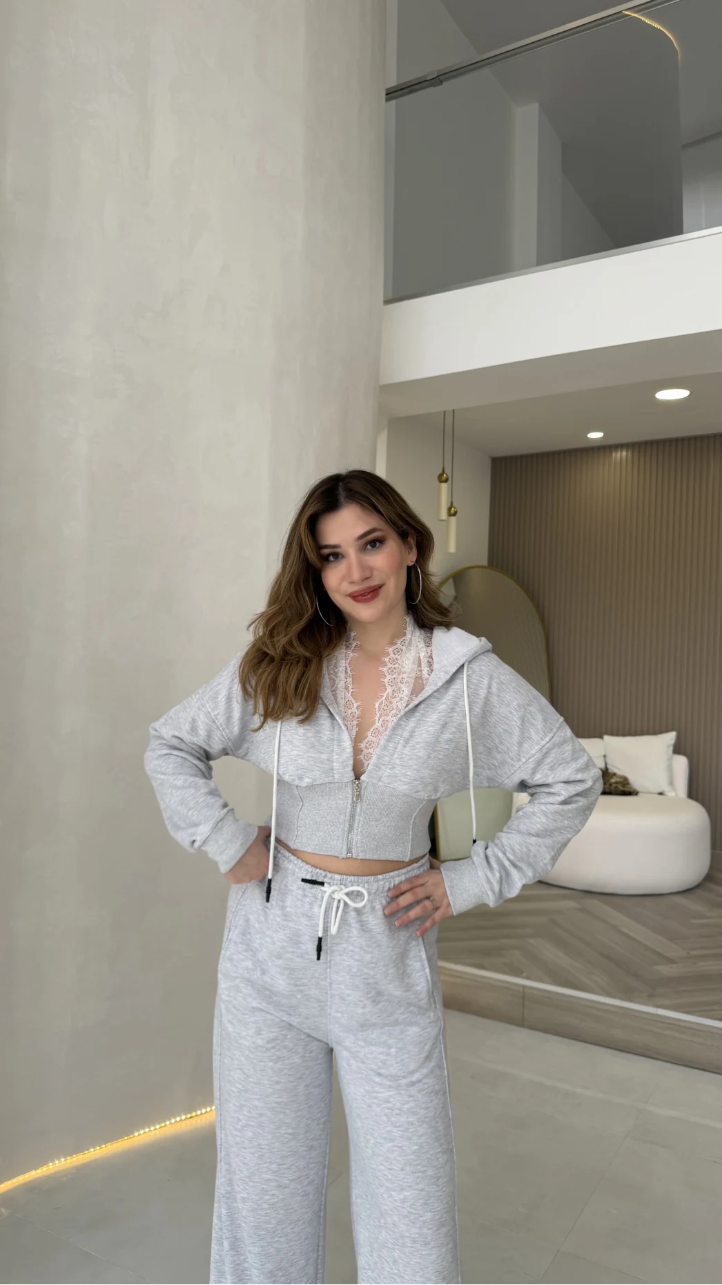 Herra Dantel Detay Kapüşonlu Crop Eşofman Takım - Gri