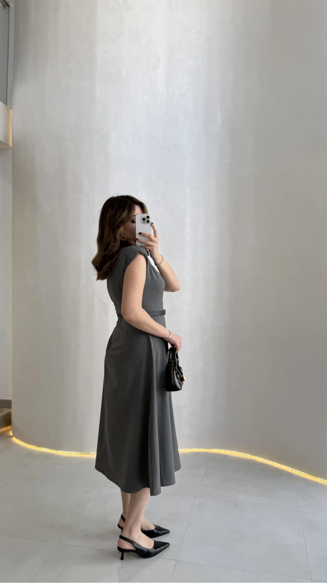 Bonita Vatkalı Midi Boy Kemerli Elbise - Antrasit