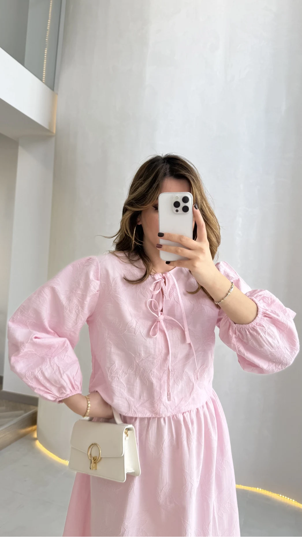 Brera Balon Kol Dokulu Etek Bluz Takım - Pembe - Kod: 6045