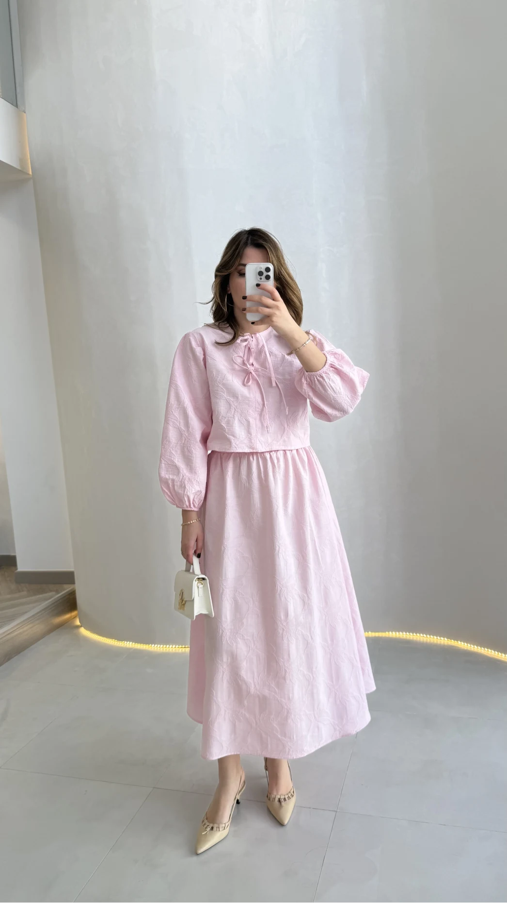 Brera Balon Kol Dokulu Etek Bluz Takım - Pembe - Kod: 6045